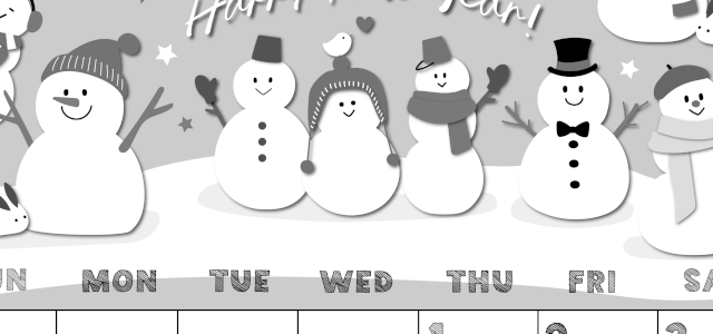 2026年1月縦型モノクロの日曜始まり スノーマンイラストのかわいいA4無料白黒カレンダー(2026-00430110)