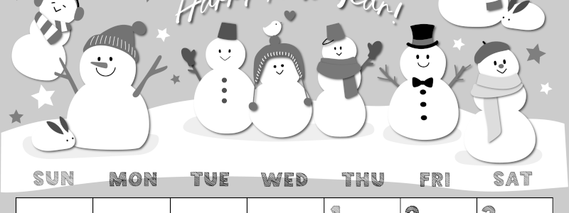 2026年1月縦型モノクロの日曜始まり スノーマンイラストのかわいいA4無料白黒カレンダー(2026-00430110)