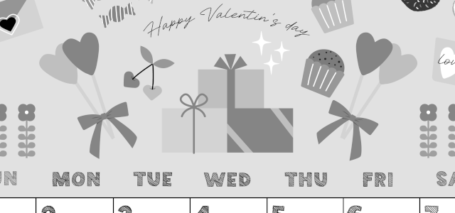 2026年2月縦型モノクロの日曜始まり かわいいバレンタインイラストA4無料白黒カレンダー(2026-00430210)