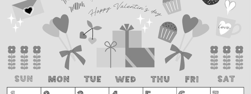 2026年2月縦型モノクロの日曜始まり かわいいバレンタインイラストA4無料白黒カレンダー(2026-00430210)