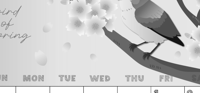 2026年5月縦型モノクロの日曜始まり 鶯と桜イラストのかわいいA4無料白黒カレンダー(2026-00430510)