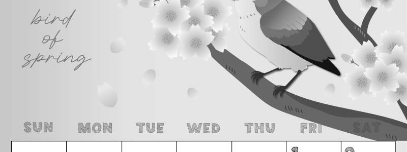 2026年5月縦型モノクロの日曜始まり 鶯と桜イラストのかわいいA4無料白黒カレンダー(2026-00430510)