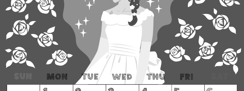 2026年6月縦型モノクロの日曜始まり 白薔薇イラストのかわいいA4無料白黒カレンダー(2026-00430610)