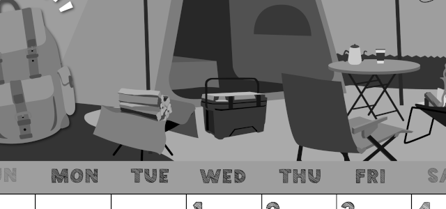 2026年7月縦型モノクロの日曜始まり 夏休みイラストのかわいいA4無料白黒カレンダー(2026-00430710)