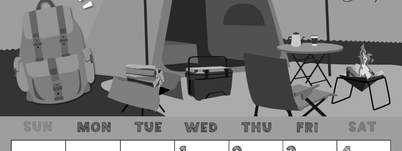 2026年7月縦型モノクロの日曜始まり 夏休みイラストのかわいいA4無料白黒カレンダー(2026-00430710)