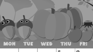 2026年10月縦型モノクロの日曜始まり 秋の季節イラストのかわいいA4無料白黒カレンダー(2026-00431010)