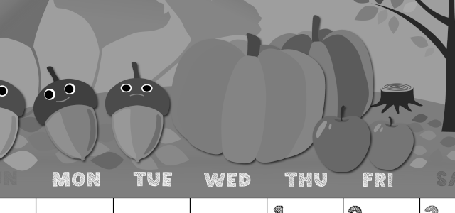 2026年10月縦型モノクロの日曜始まり 秋の季節イラストのかわいいA4無料白黒カレンダー(2026-00431010)