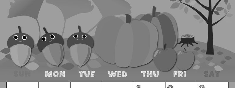 2026年10月縦型モノクロの日曜始まり 秋の季節イラストのかわいいA4無料白黒カレンダー(2026-00431010)