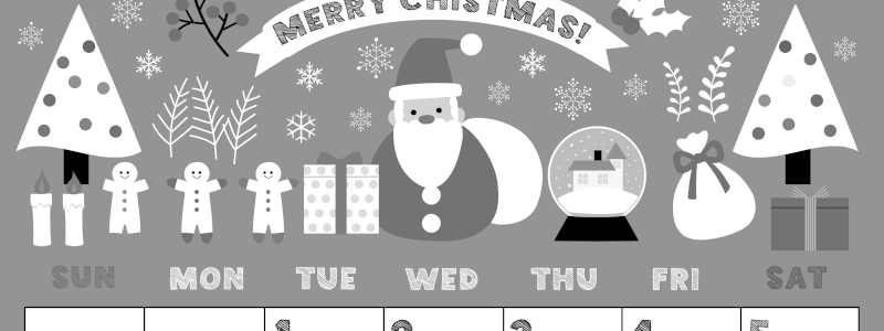 2026年12月縦型モノクロの日曜始まり 季節の行事イラストがかわいいA4無料白黒カレンダー(2026-00431210)