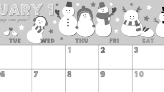 2026年1月横型モノクロの月曜始まり スノーマンイラストのかわいいA4無料白黒カレンダー(2026-00430101)