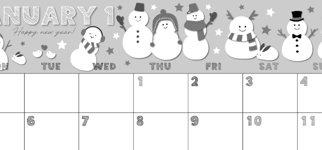 2026年1月横型モノクロの月曜始まり スノーマンイラストのかわいいA4無料白黒カレンダー(2026-00430101)