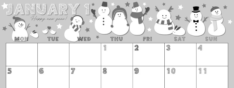 2026年1月横型モノクロの月曜始まり スノーマンイラストのかわいいA4無料白黒カレンダー(2026-00430101)