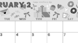 2026年2月横型モノクロの月曜始まり かわいいバレンタインイラストA4無料白黒カレンダー(2026-00430201)
