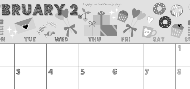 2026年2月横型モノクロの月曜始まり かわいいバレンタインイラストA4無料白黒カレンダー(2026-00430201)