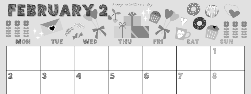 2026年2月横型モノクロの月曜始まり かわいいバレンタインイラストA4無料白黒カレンダー(2026-00430201)