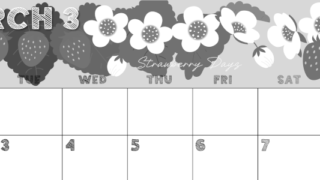 2026年3月横型モノクロの月曜始まり 苺花イラストのかわいいA4無料白黒カレンダー(2026-00430301)