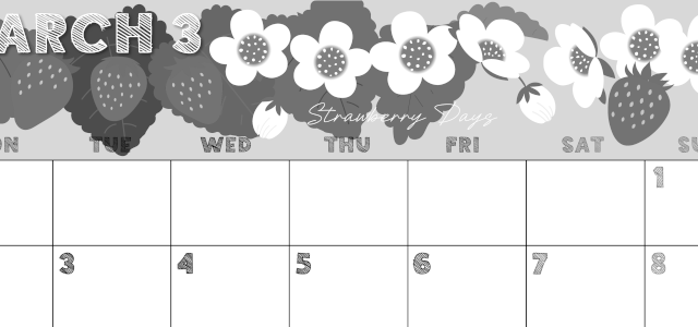 2026年3月横型モノクロの月曜始まり 苺花イラストのかわいいA4無料白黒カレンダー(2026-00430301)