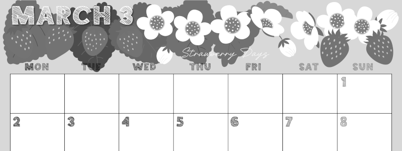 2026年3月横型モノクロの月曜始まり 苺花イラストのかわいいA4無料白黒カレンダー(2026-00430301)