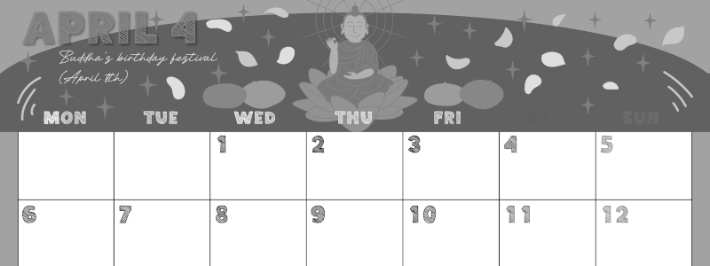 2026年4月横型モノクロの月曜始まり めでたいイラストのかわいいA4無料白黒カレンダー(2026-00430401)