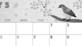 2026年5月横型モノクロの月曜始まり 鶯と桜イラストのかわいいA4無料白黒カレンダー(2026-00430501)
