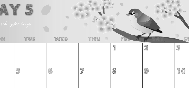 2026年5月横型モノクロの月曜始まり 鶯と桜イラストのかわいいA4無料白黒カレンダー(2026-00430501)
