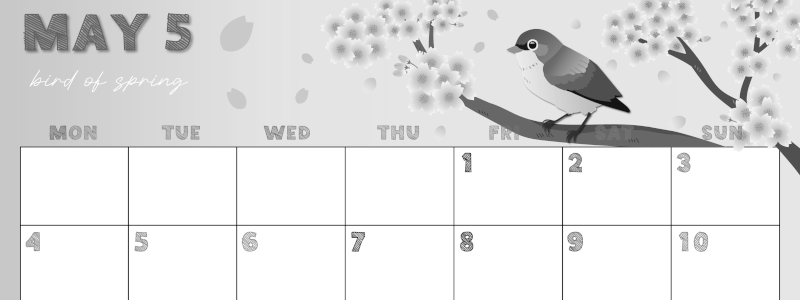2026年5月横型モノクロの月曜始まり 鶯と桜イラストのかわいいA4無料白黒カレンダー(2026-00430501)