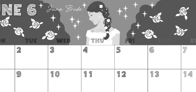 2026年6月横型モノクロの月曜始まり 白薔薇イラストのかわいいA4無料白黒カレンダー(2026-00430601)