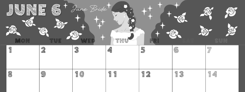 2026年6月横型モノクロの月曜始まり 白薔薇イラストのかわいいA4無料白黒カレンダー(2026-00430601)