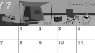 2026年7月横型モノクロの月曜始まり 夏休みイラストのかわいいA4無料白黒カレンダー(2026-00430701)