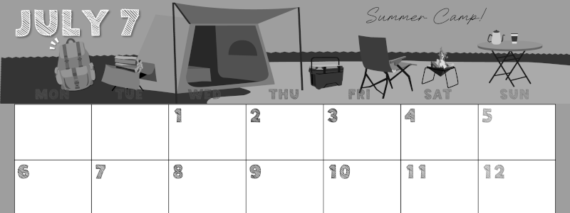 2026年7月横型モノクロの月曜始まり 夏休みイラストのかわいいA4無料白黒カレンダー(2026-00430701)