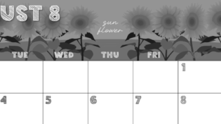 2026年8月横型モノクロの月曜始まり 夏らしいイラストのかわいいA4無料白黒カレンダー(2026-00430801)