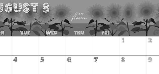 2026年8月横型モノクロの月曜始まり 夏らしいイラストのかわいいA4無料白黒カレンダー(2026-00430801)