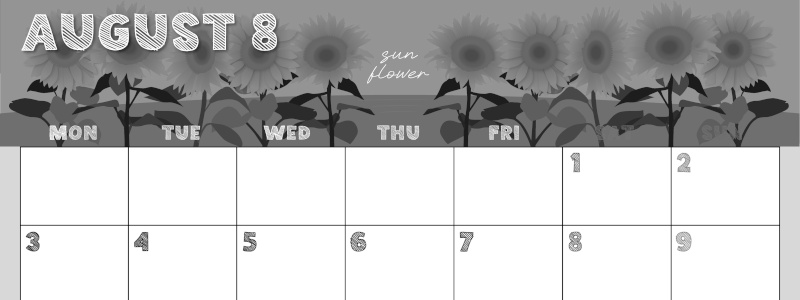 2026年8月横型モノクロの月曜始まり 夏らしいイラストのかわいいA4無料白黒カレンダー(2026-00430801)