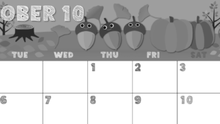 2026年10月横型モノクロの月曜始まり 秋の季節イラストのかわいいA4無料白黒カレンダー(2026-00431001)