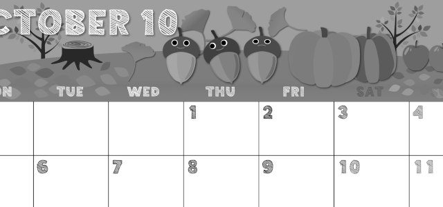 2026年10月横型モノクロの月曜始まり 秋の季節イラストのかわいいA4無料白黒カレンダー(2026-00431001)