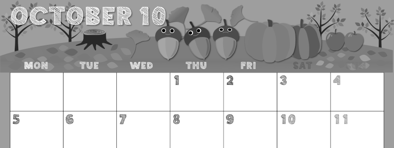 2026年10月横型モノクロの月曜始まり 秋の季節イラストのかわいいA4無料白黒カレンダー(2026-00431001)