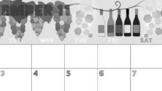 2026年11月横型モノクロの月曜始まり 赤白ワインのかわいいイラストA4無料白黒カレンダー(2026-00431101)