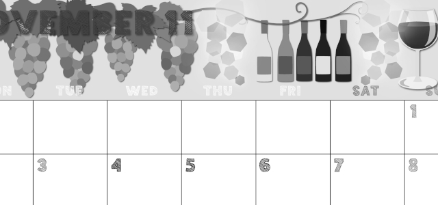 2026年11月横型モノクロの月曜始まり 赤白ワインのかわいいイラストA4無料白黒カレンダー(2026-00431101)