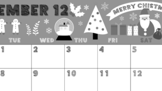 2026年12月横型モノクロの月曜始まり 季節の行事イラストがかわいいA4無料白黒カレンダー(2026-00431201)