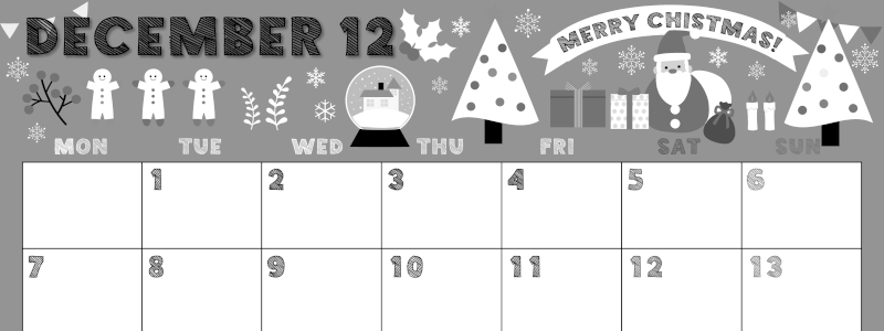 2026年12月横型モノクロの月曜始まり 季節の行事イラストがかわいいA4無料白黒カレンダー(2026-00431201)