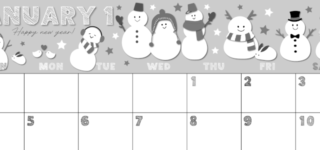 2026年1月横型モノクロの日曜始まり スノーマンイラストのかわいいA4無料白黒カレンダー(2026-00430100)