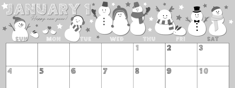 2026年1月横型モノクロの日曜始まり スノーマンイラストのかわいいA4無料白黒カレンダー(2026-00430100)