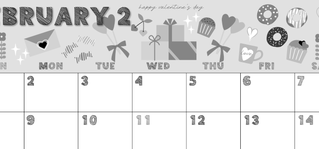 2026年2月横型モノクロの日曜始まり かわいいバレンタインイラストA4無料白黒カレンダー(2026-00430200)