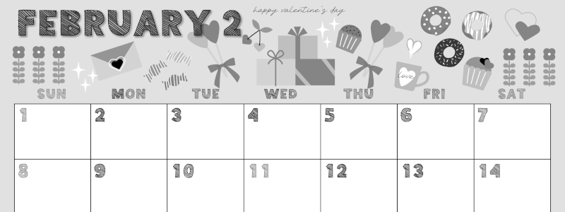 2026年2月横型モノクロの日曜始まり かわいいバレンタインイラストA4無料白黒カレンダー(2026-00430200)