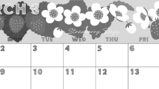 2026年3月横型モノクロの日曜始まり 苺花イラストのかわいいA4無料白黒カレンダー(2026-00430300)