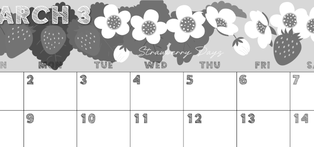 2026年3月横型モノクロの日曜始まり 苺花イラストのかわいいA4無料白黒カレンダー(2026-00430300)