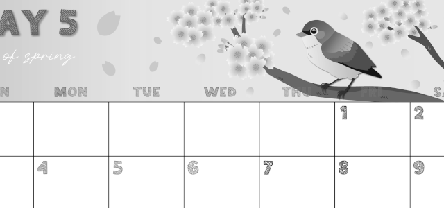 2026年5月横型モノクロの日曜始まり 鶯と桜イラストのかわいいA4無料白黒カレンダー(2026-00430500)