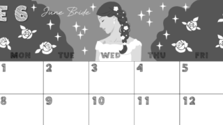 2026年6月横型モノクロの日曜始まり 白薔薇イラストのかわいいA4無料白黒カレンダー(2026-00430600)