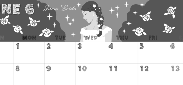 2026年6月横型モノクロの日曜始まり 白薔薇イラストのかわいいA4無料白黒カレンダー(2026-00430600)