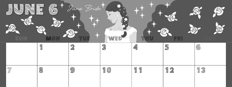 2026年6月横型モノクロの日曜始まり 白薔薇イラストのかわいいA4無料白黒カレンダー(2026-00430600)